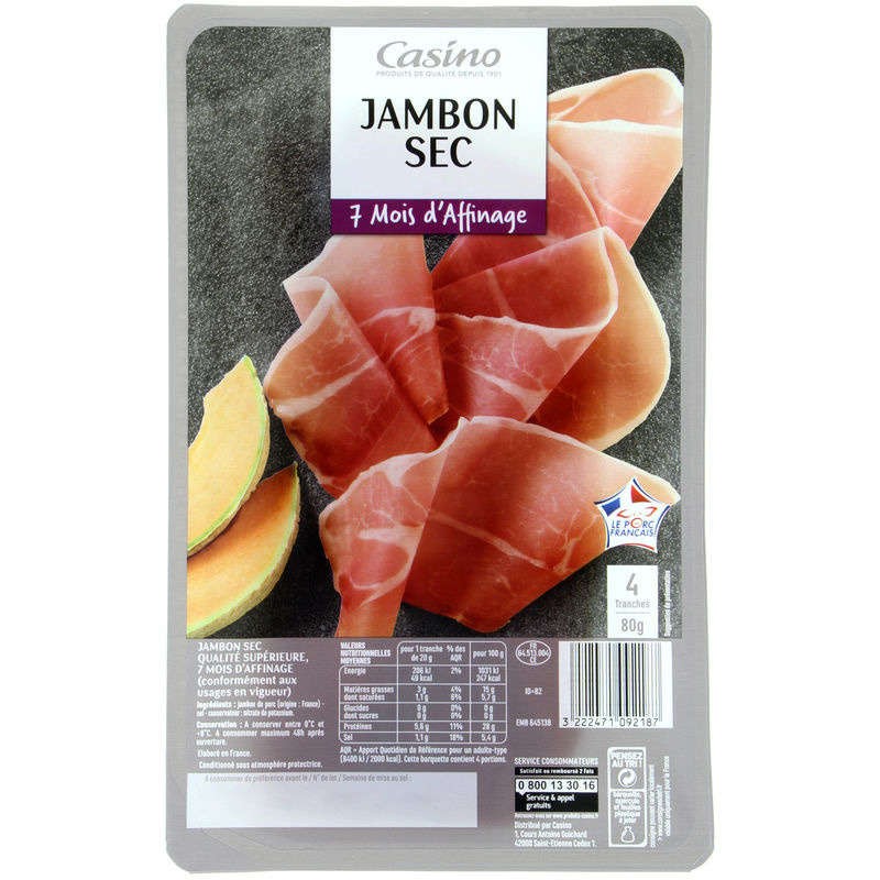 CASINO Jambon sec 4 tranches - 80g